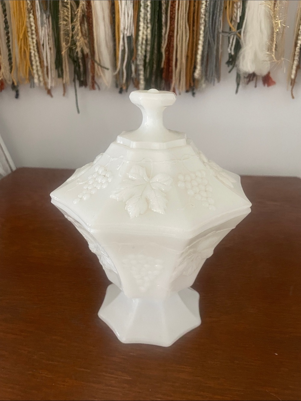 Milk Glass Lidded Candy Dish with Grape Motif -  vintage anchor hocking